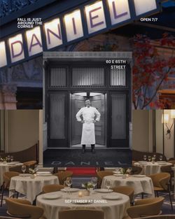 Elegant dining room with round tables set with white linens, glassware, and beige chairs at French restaurant Daniel in NYC.